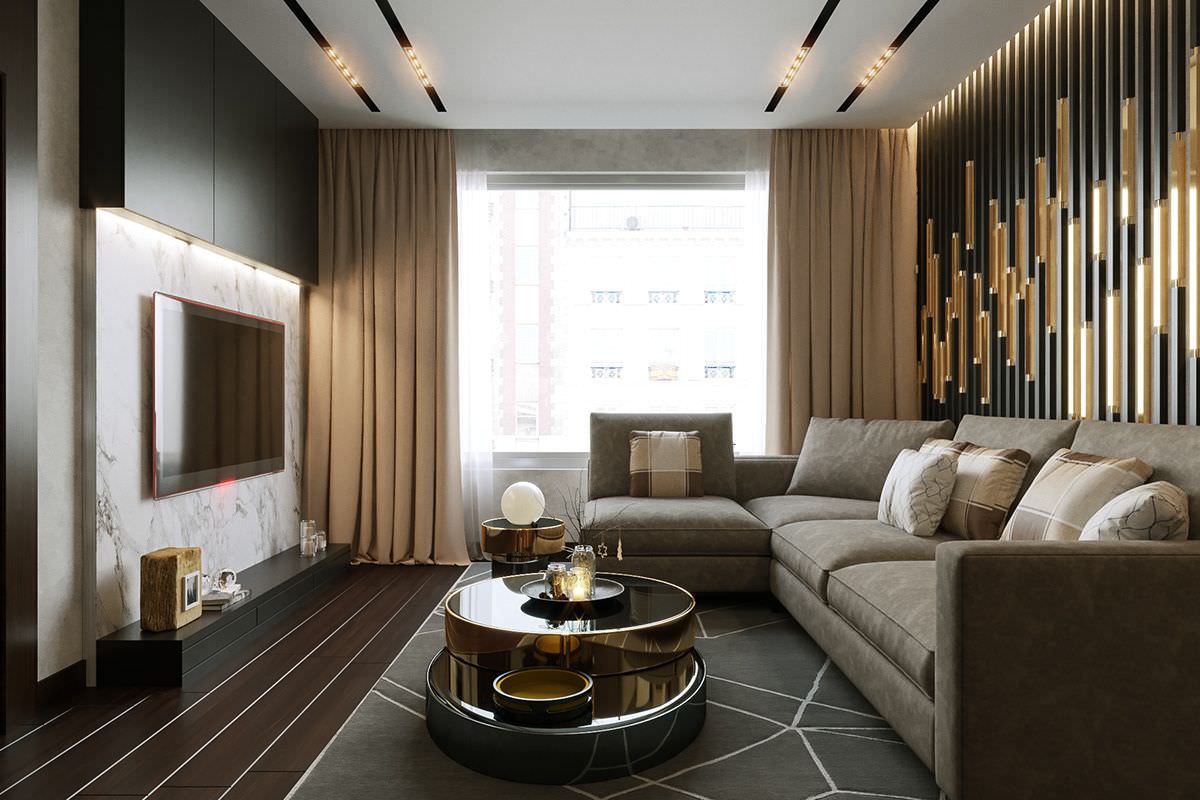 طراحی اتاق نشیمن مدرن لوکس با پرده کرم، مبل ال شکل، دیوار پشت تلوزیون سنگ مرمری و چراغ توکار خطی که تکنولوژی به روز دارد